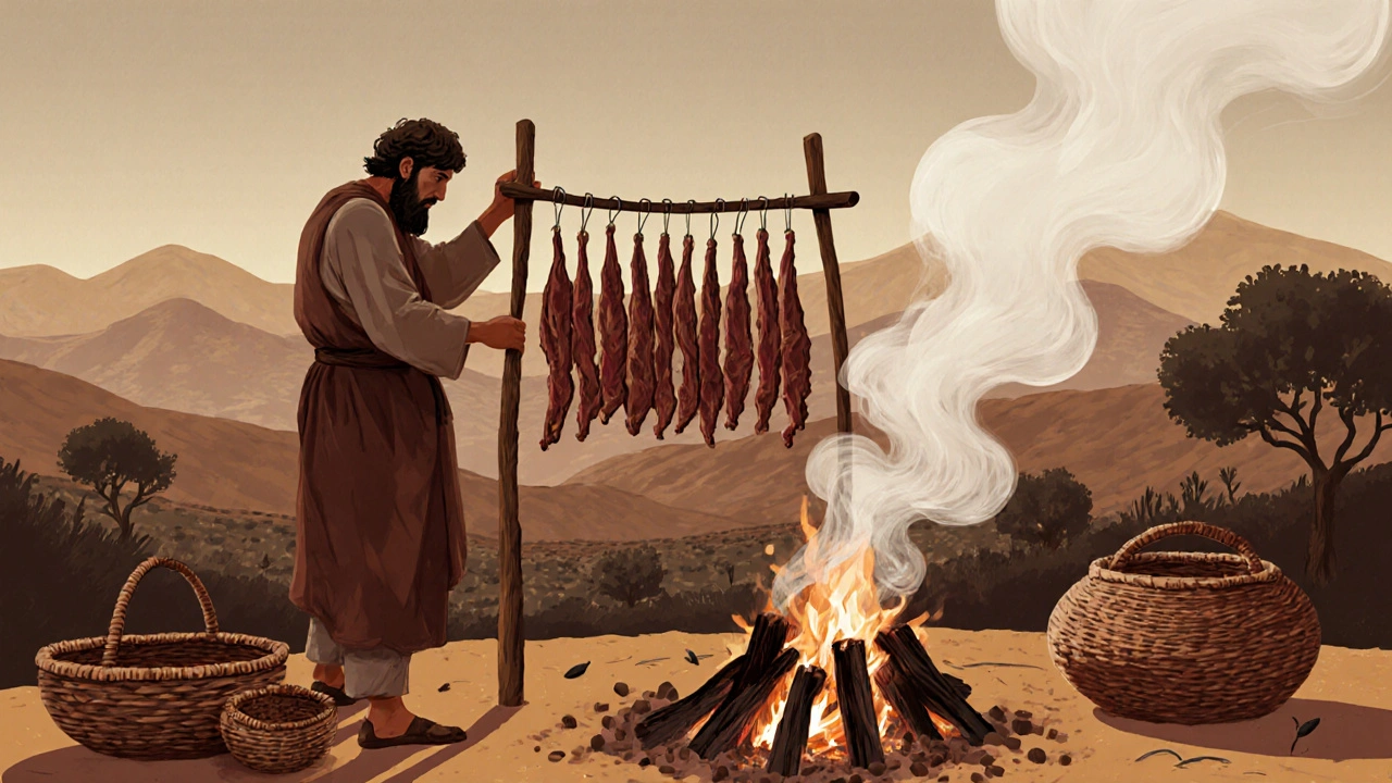 Sušené maso stinakia visí nad dřevěným ohněm v kretské venkovské oblasti.