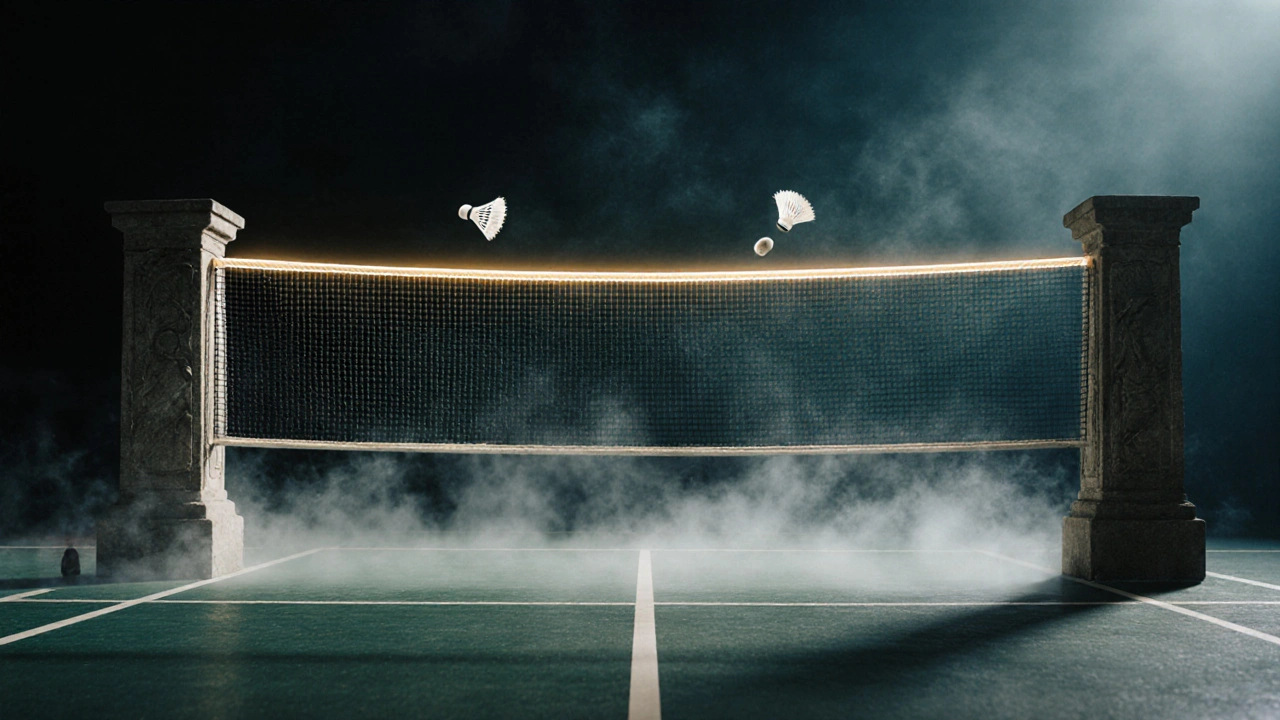 Symbolická síť v badmintonu jako soudce – shuttlecoky letí nad a pod ní, jeden přesně na hranici, druhý se odráží zpět, misterné osvětlení.