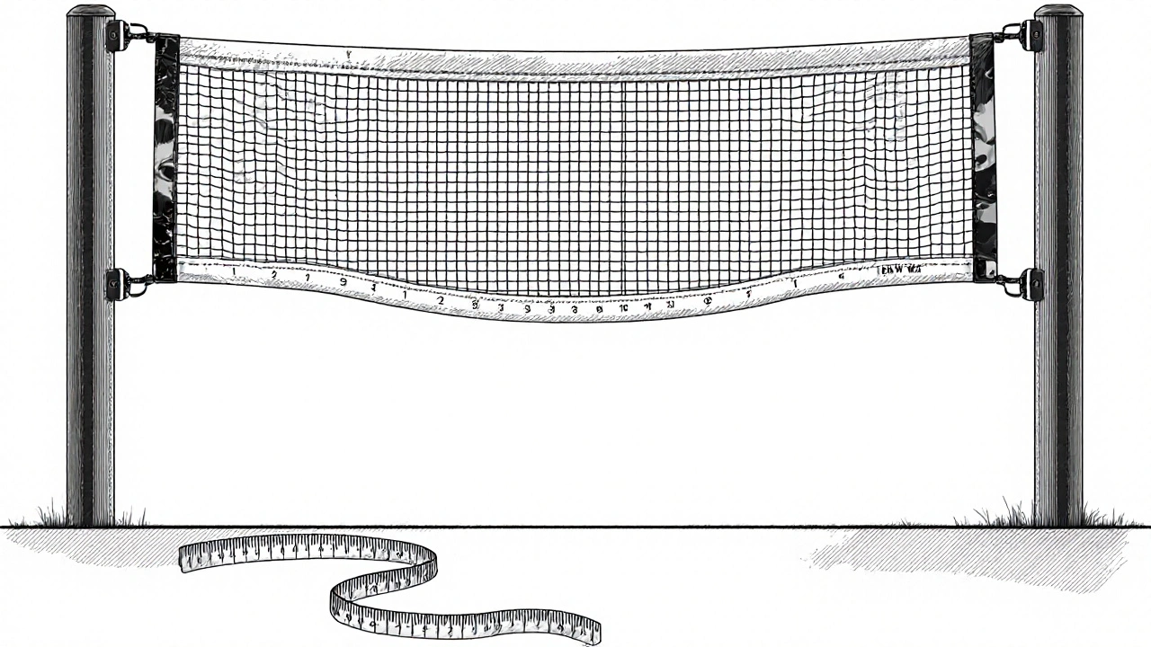 Technický nákres badmintonové sítě s přesnými rozměry 1,55 m na sloupech a 1,524 m v centru, s měřicí páskou ukazující výšku.