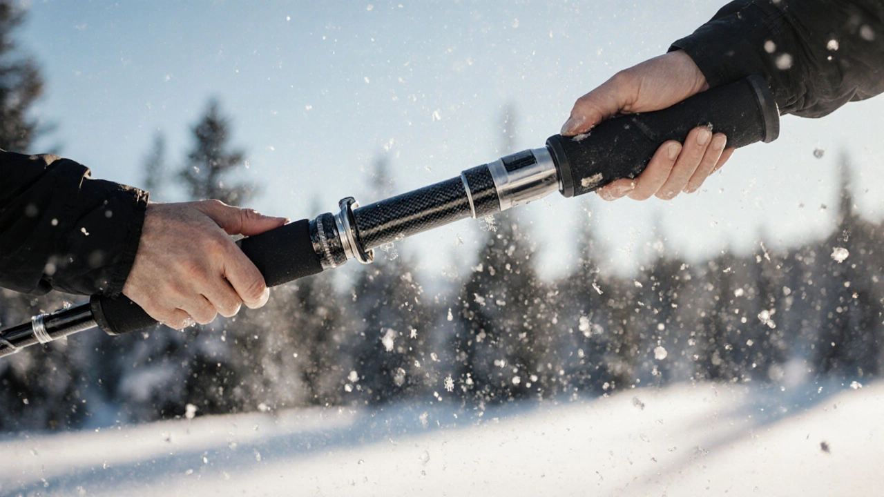 Teleskopické lyžařské hůlky, které se prodlužují z cestovního na sjezdové nastavení.