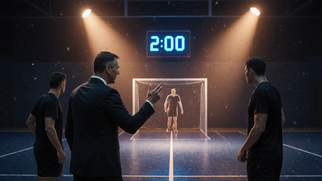 Trénér vysvětluje strategii při časovém trestu, na pozadí svítí modrý časovač.