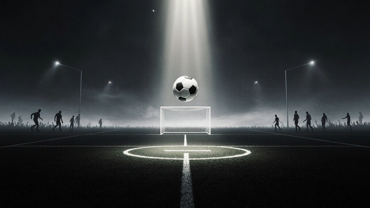 Trestný bod jako svítící kruh uprostřed temného hřiště, míč ve vzduchu, symbolizující napětí a odpovědnost.