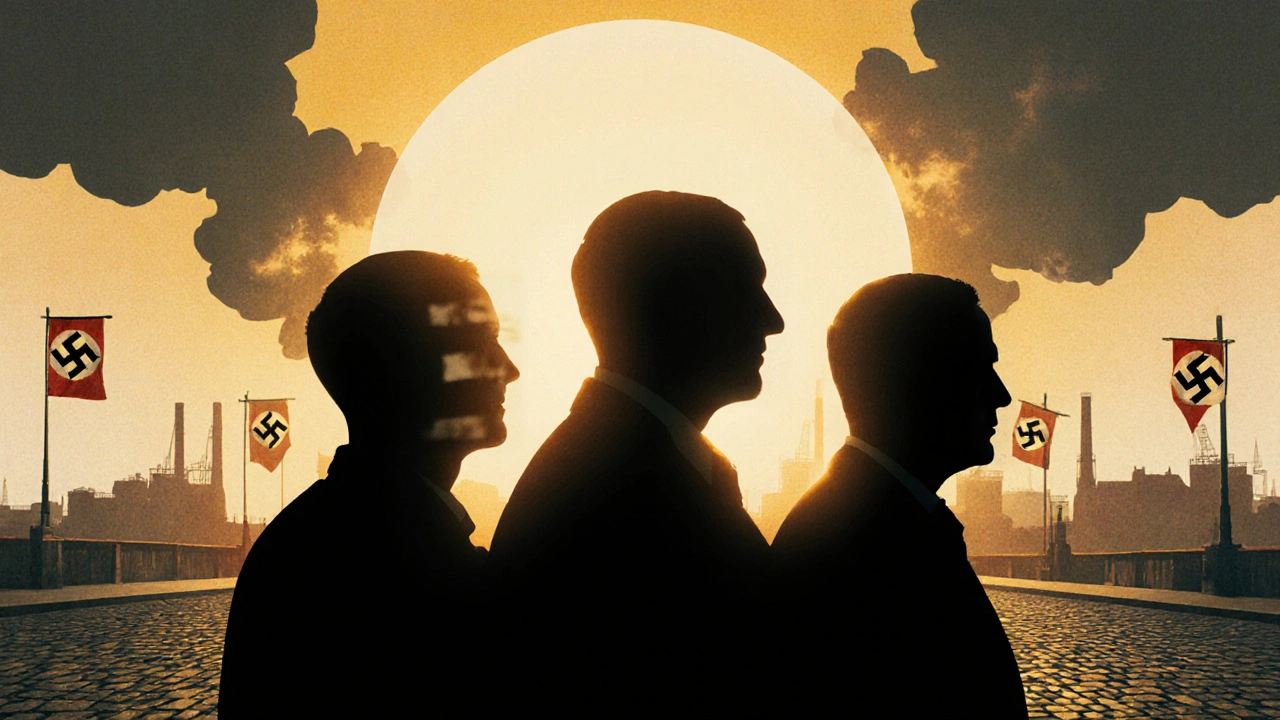 Tři hrdinové z roku 1934 siluetou proti letnímu jitru, symbolizující vítězství ducha nad ideologií.