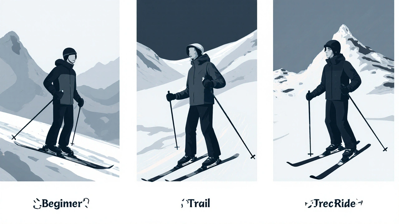 Tři lyžaři s různě dlouhými hůlkami na různých typech terénu: začátečník, pokročilý a freerider.