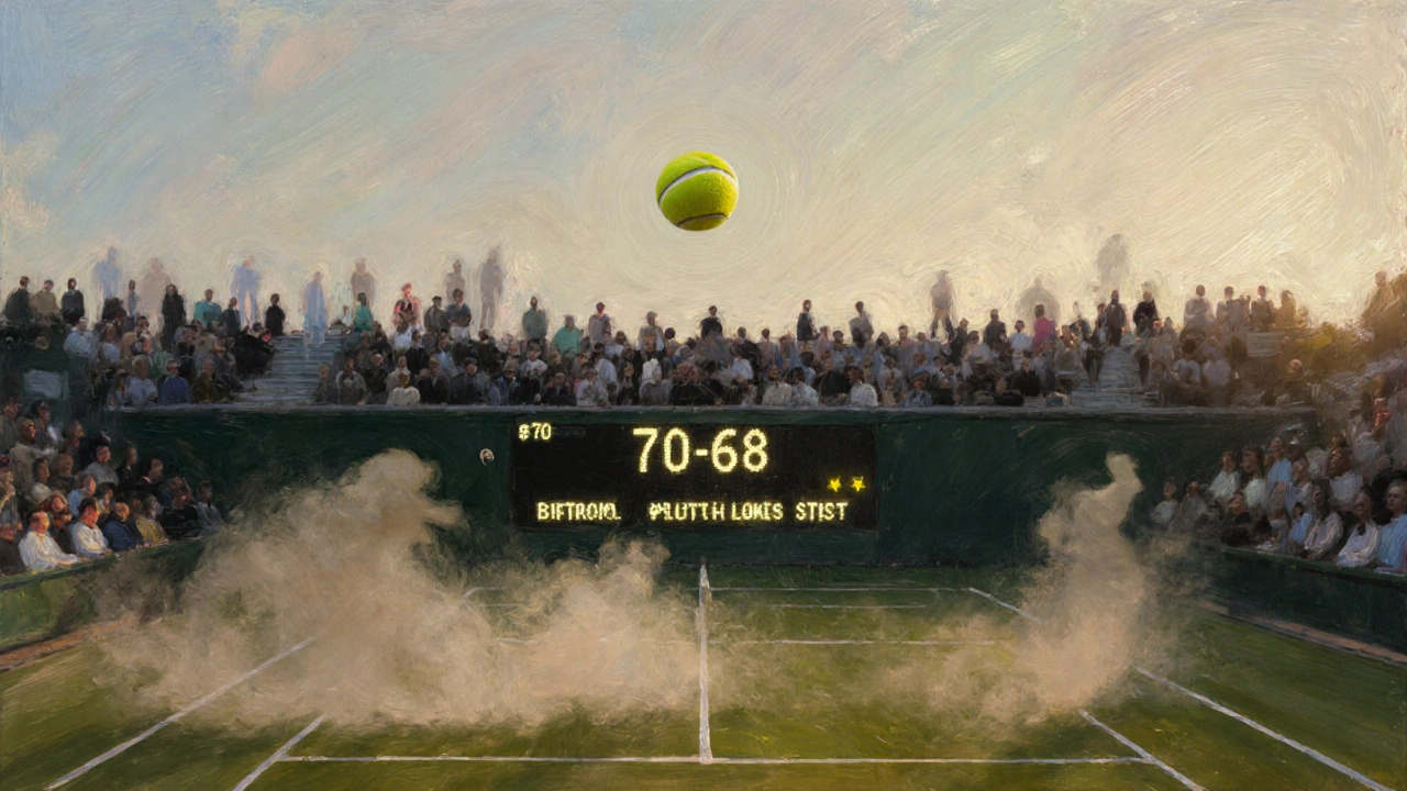 Umělecká výjev posledních okamžiků historického zápasu mezi Isnerem a Mahutem na Wimbledonu.