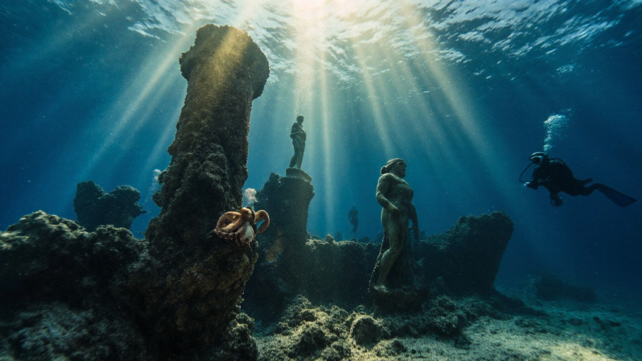 Zaniklá loď s antickými nádobami a soškami na dně moře u Chania, obklopená chobotnicí a světlem.