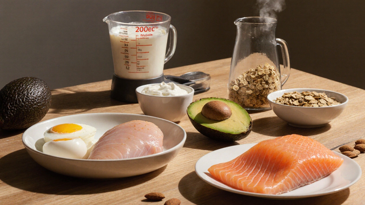 Zdravá jídla pro náběr svalové hmoty: kuřecí prsa, vejce, ryby, ovesná kaše a avokádo na stole.