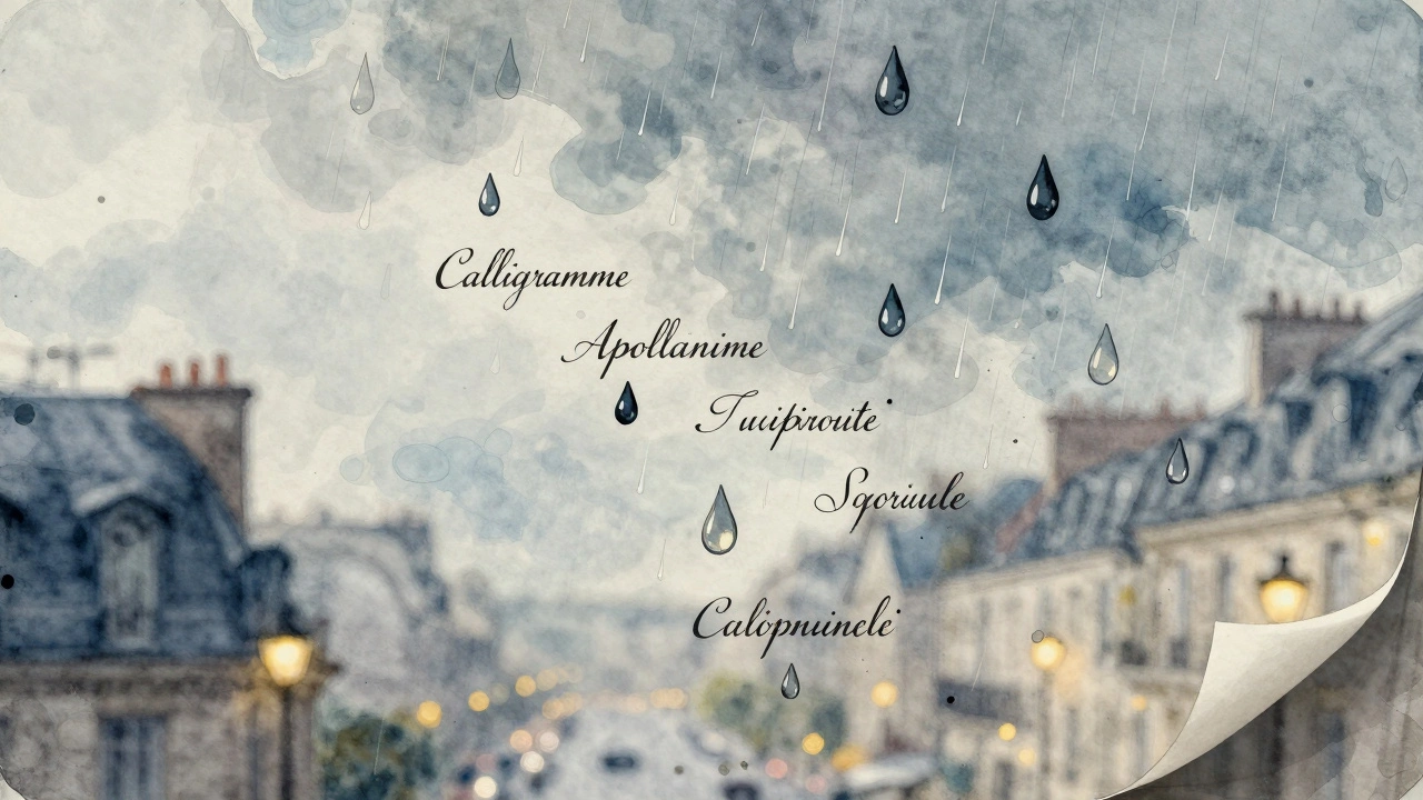 Básně v tvaru dešťových kapek s textem, který se mísí s barvami.