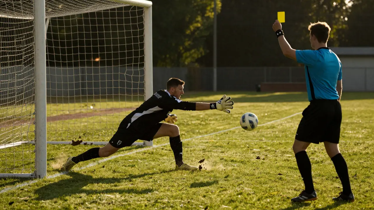 Brankář chytá míč mimo trestné území, rozhodčí ukazuje žlutou kartu.