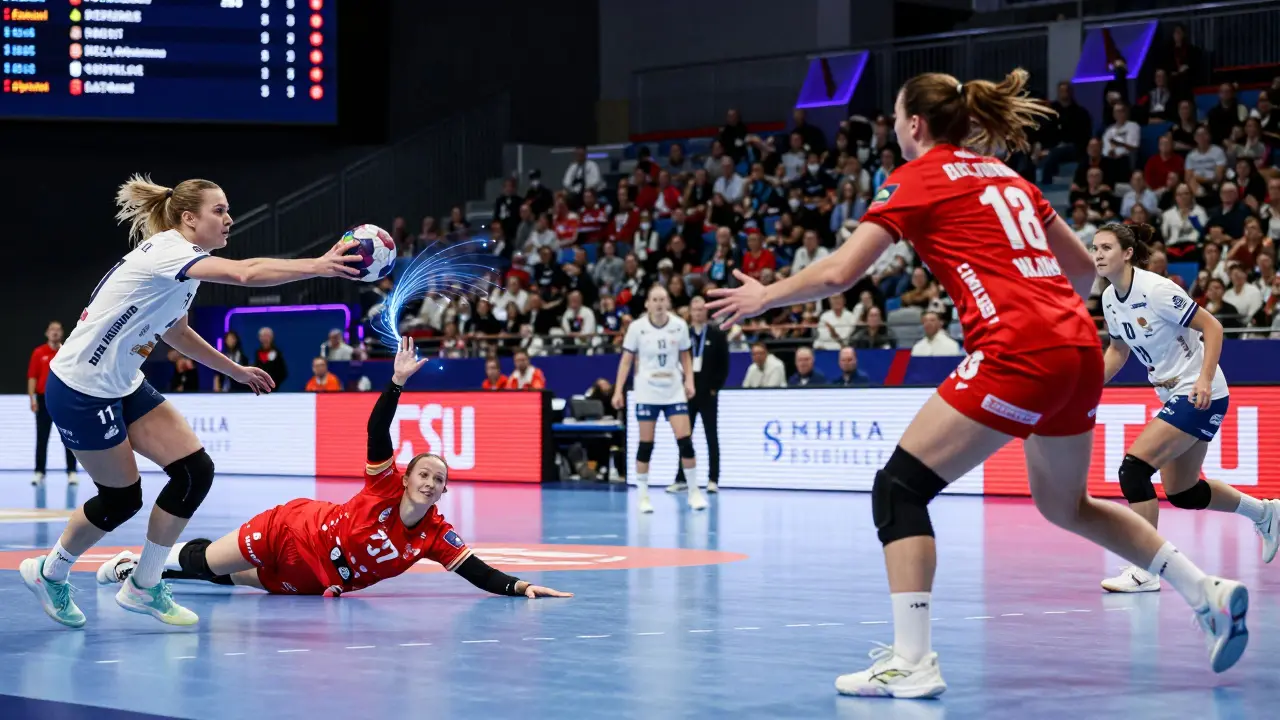 Česká ženská reprezentace hraje moderní házenou v hale, brankářka blokuje výstřel.