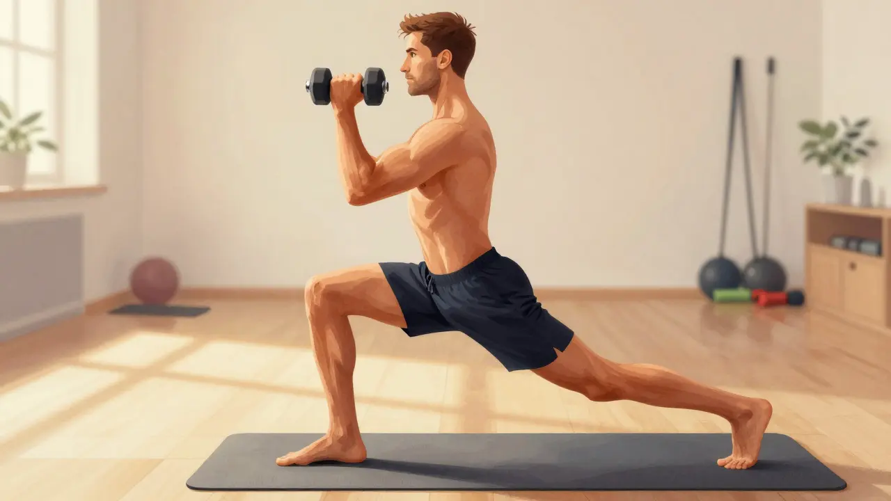 Člověk dělá výpad s hantlemi, svaly stehna jsou napjaté.