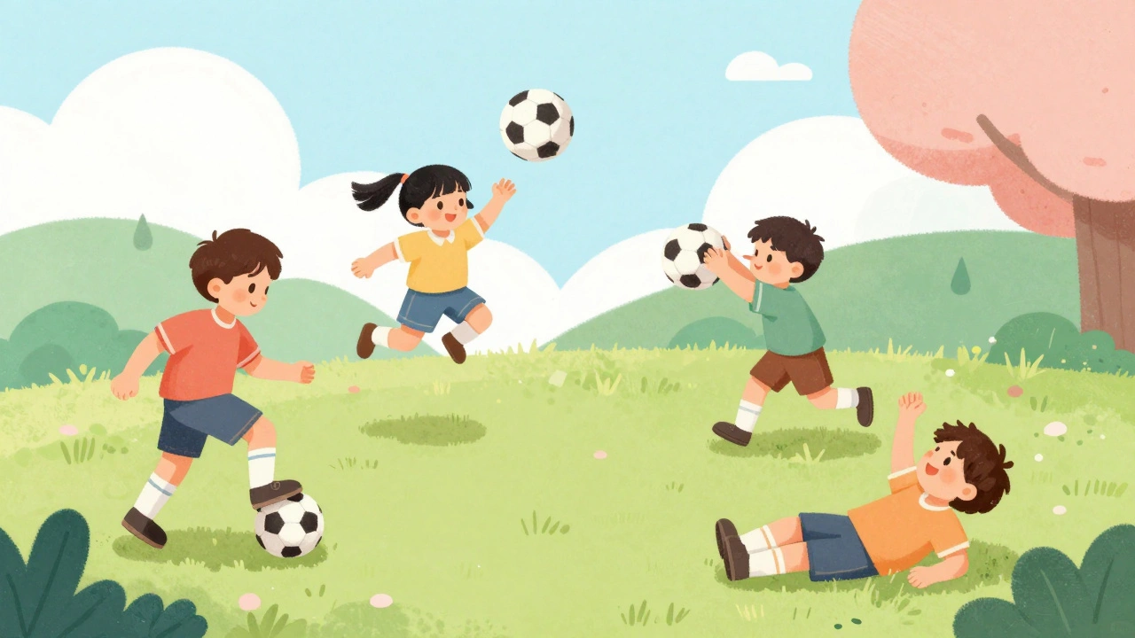 Čtyři děti hrají fotbal bez pravidel, plné radosti a pohybu.