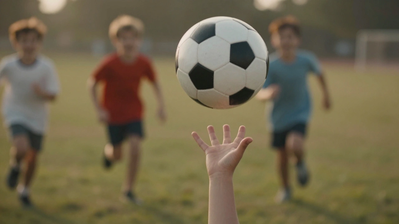 Dítě se snaží chytit míč ve vzduchu, symbolizující zvědavost a volnost.