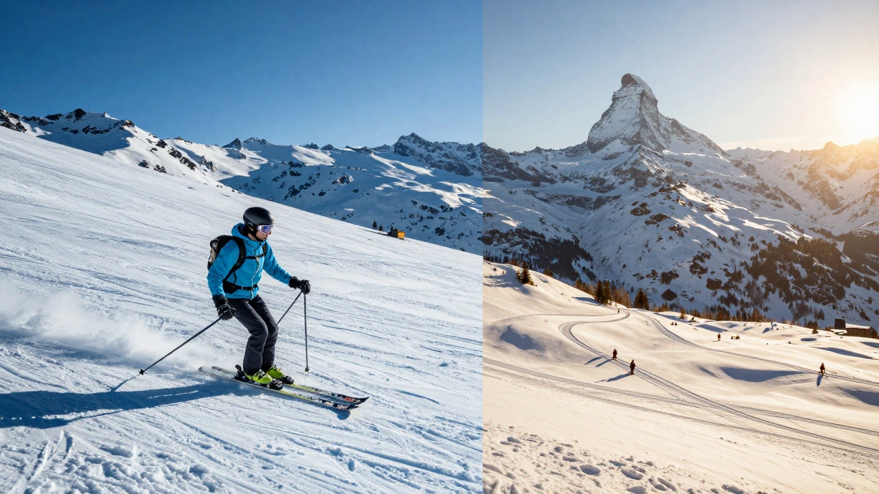 Dvě části krajiny: tvrdý led v Česku a hluboký sníh ve Švýcarsku — symbolizující výběr mezi čekáním a hledáním sněhu.