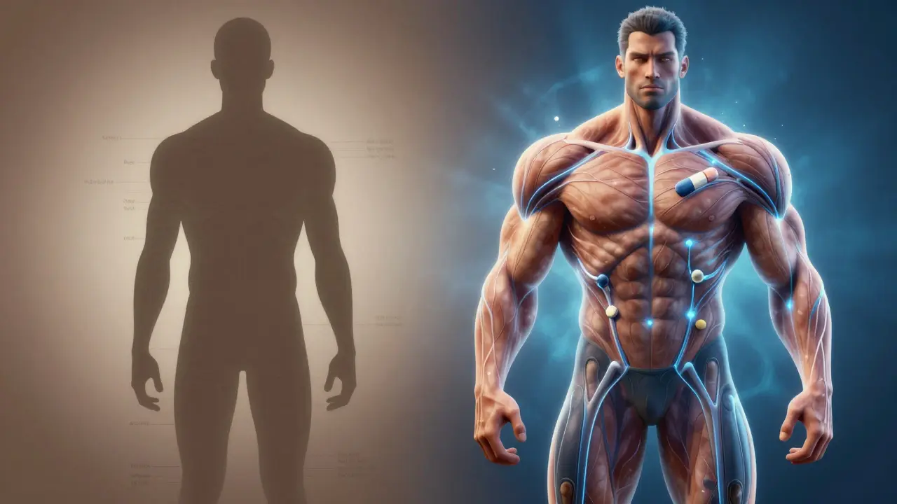 Dvě poloviny těla: přirozený růst svalů vs. umělá chemická podpora.