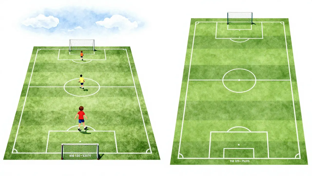 Dvě scény: dítě hrající na malém hřišti a profesionální zápas na plně velkém hřišti.