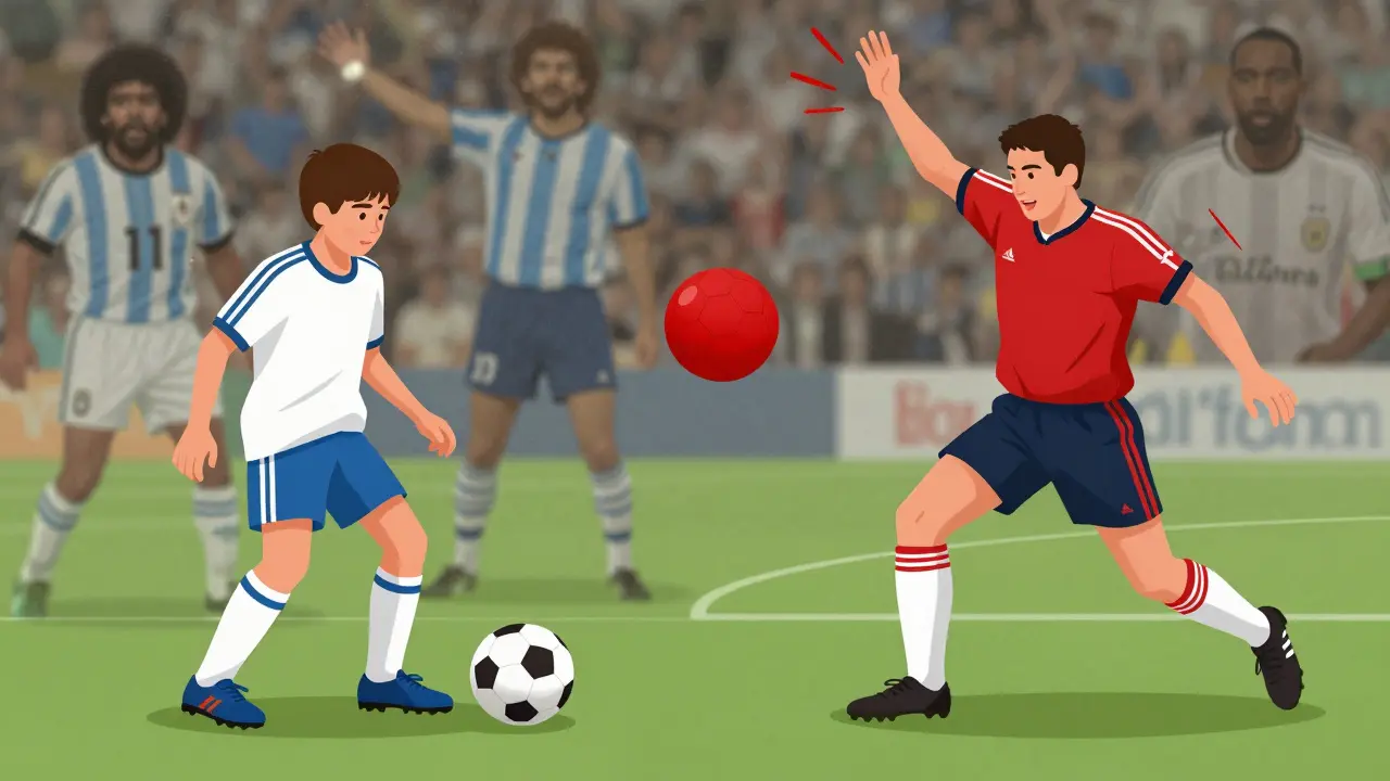 Dvě scény: dítě učí se fotbal bez rukou a profesionál ručně blokuje míč s varovnými čárami.