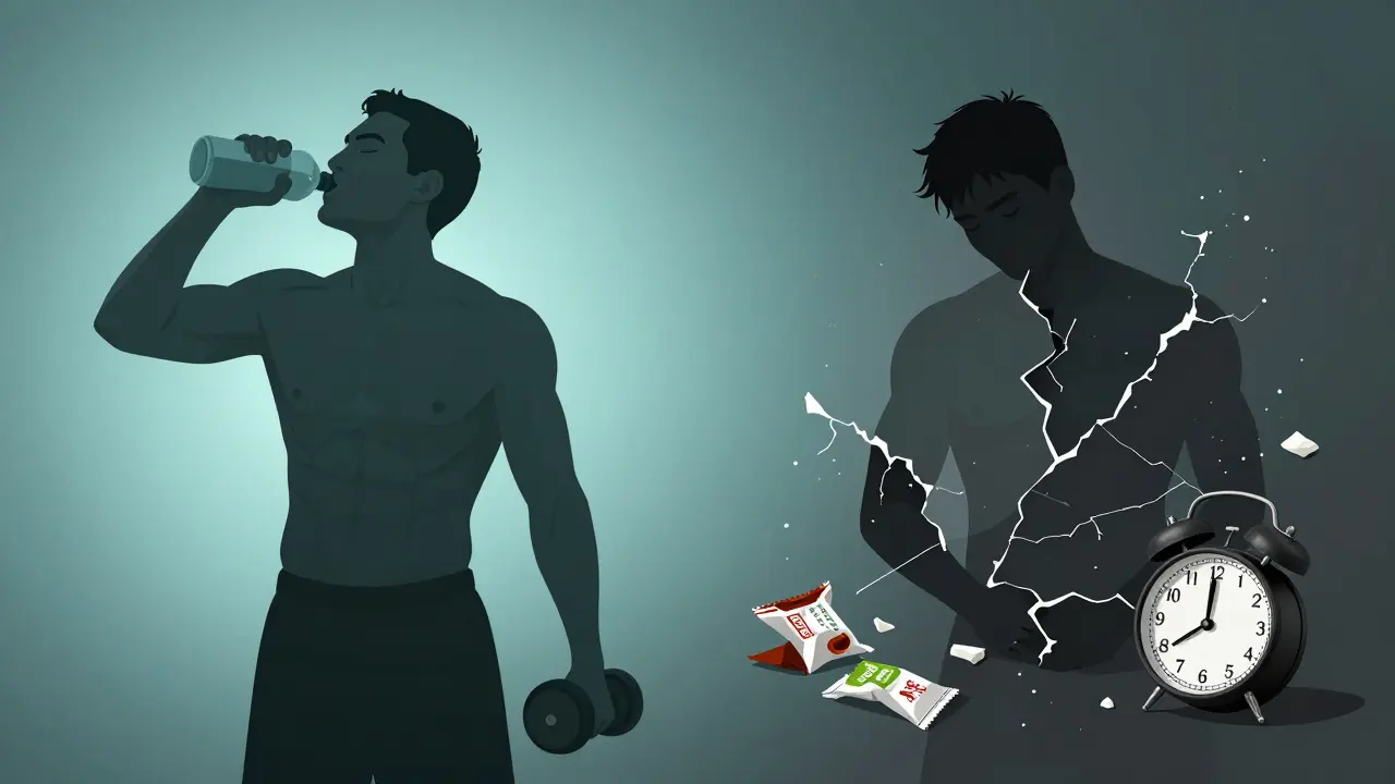 Dvoučelný obraz: jedna strana těla zdravého bodybuildera, druhá strana zničená nezdravým životním stylem.