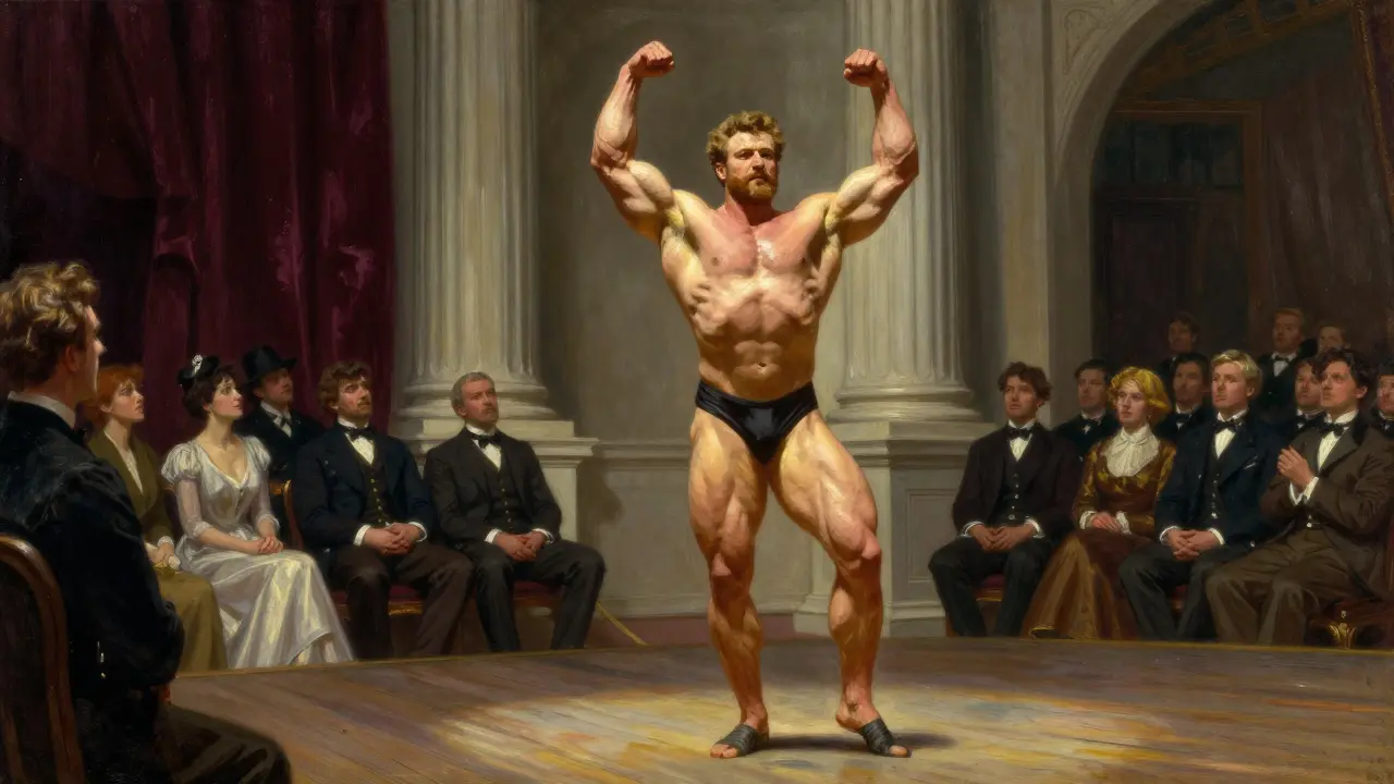 Eugen Sandow vystupuje na jevišti v 19. století s masivním tělem, publika ho pozoruje.