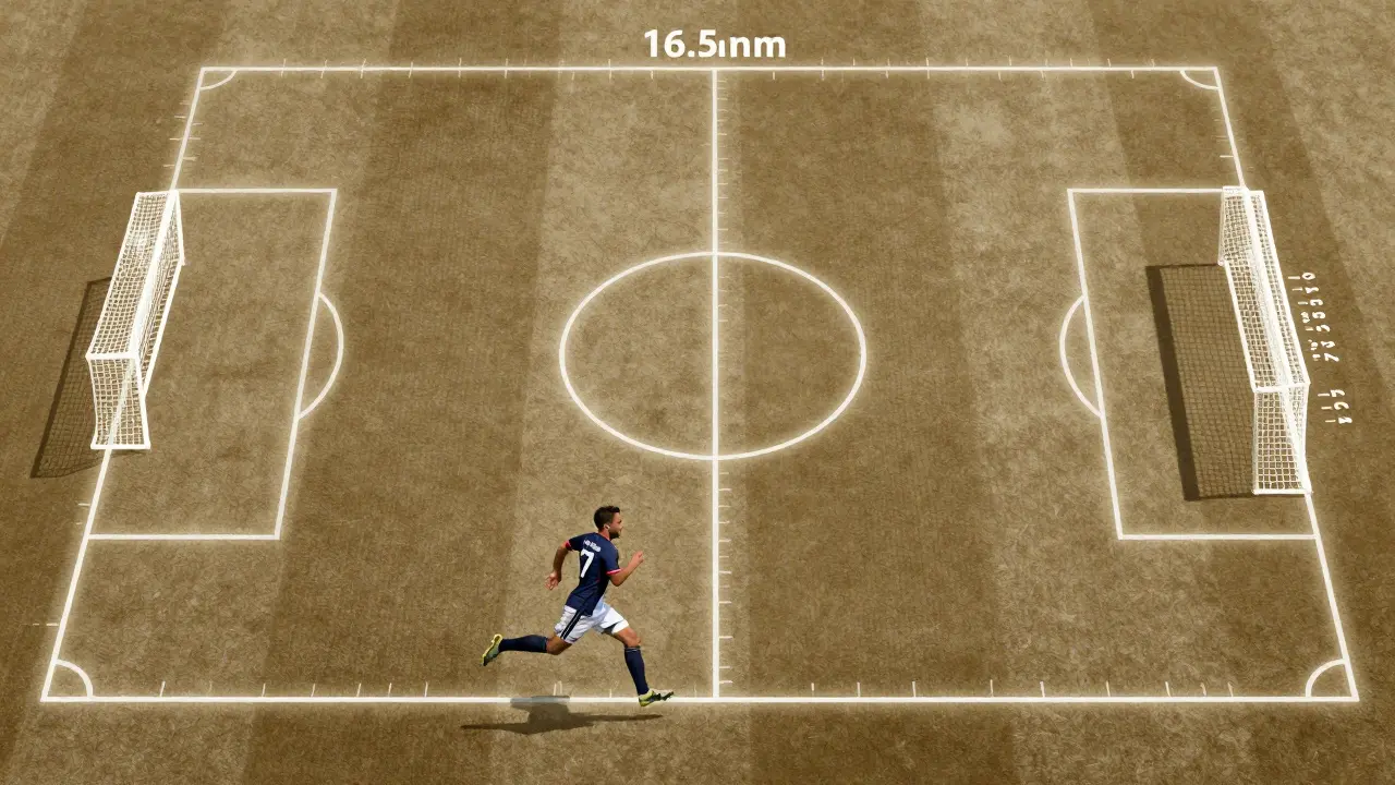 Fotbalista běžící po hřišti s naznačenými rozměry trestných území a středního kruhu.