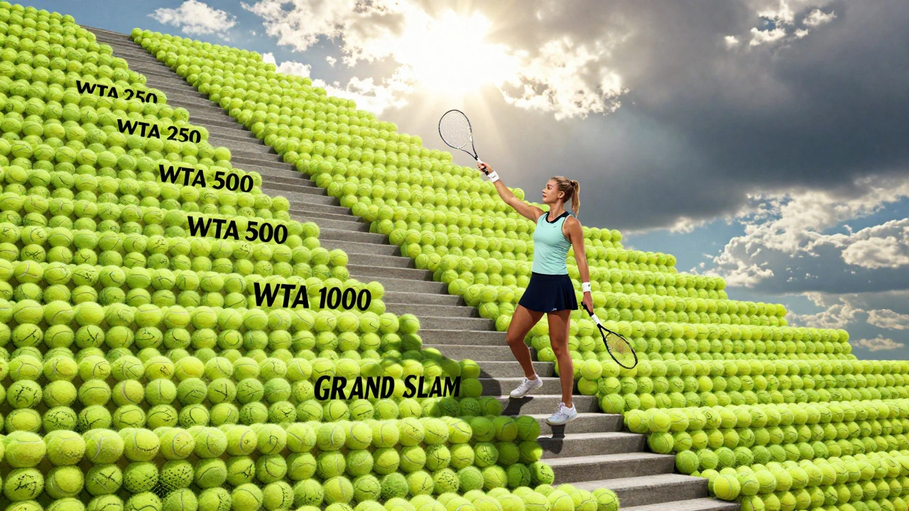 Hráčka stoupá po schodech z WTA 250 k WTA 500, symbolizující kariérní postup.