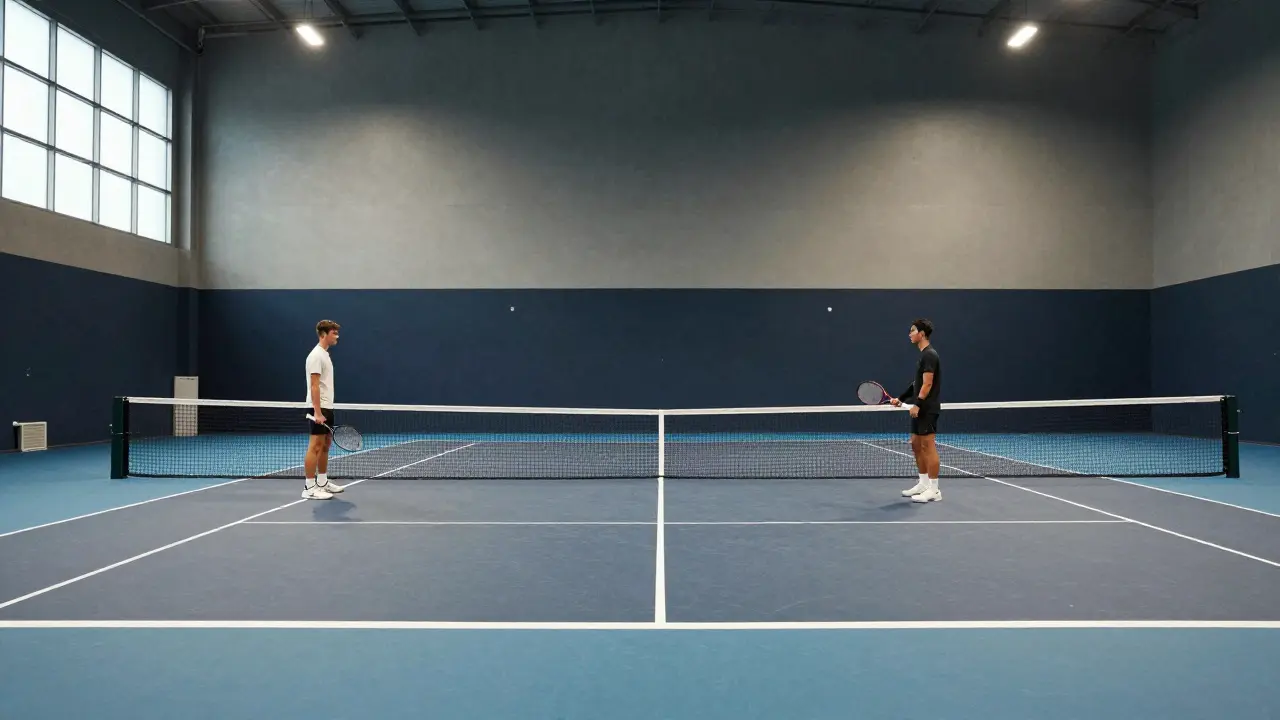 Indoor tennis match during tiebreak, players changing sides under even artificial lighting.