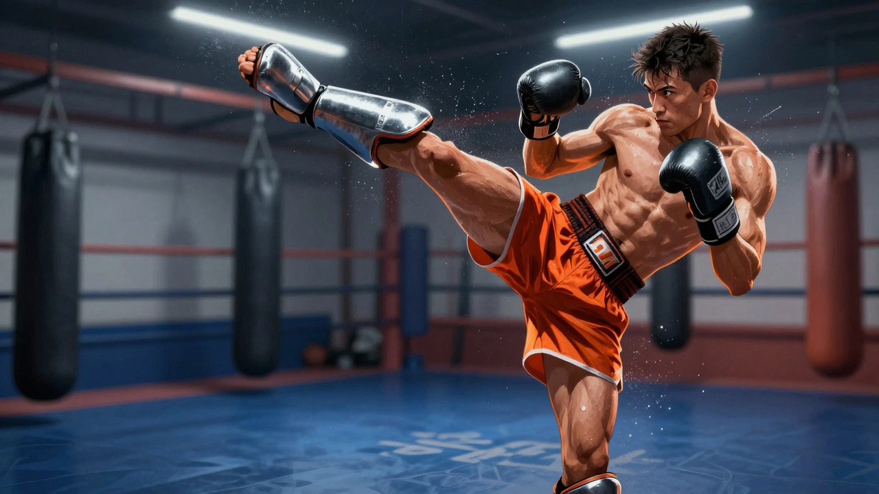 Kickboxer provádí kombinaci úderu rukou a kopu nohou v tréninkové hale.