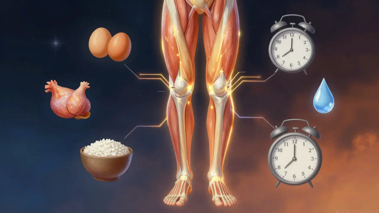 Koncepční obrázek stehna s výživou, odpočinkem a tréninkem jako symbiózou.