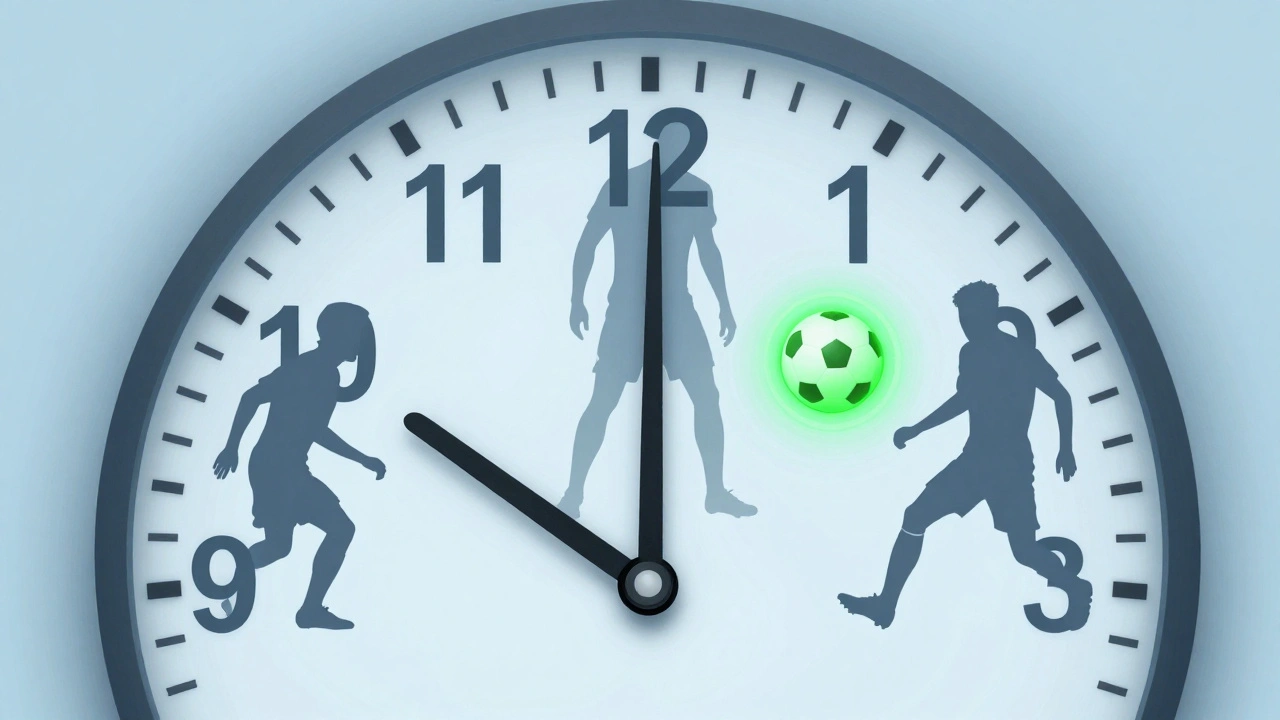 Konceptuální obrázek hodin ukazující kritický okamžik přihrávky a polohu útočníka.