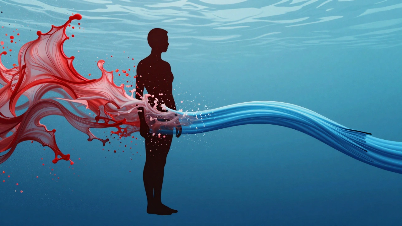 Kontrast mezi chaotickým a klidným pohybem ploutví ve vodě, symbolizující správnou a špatnou techniku.