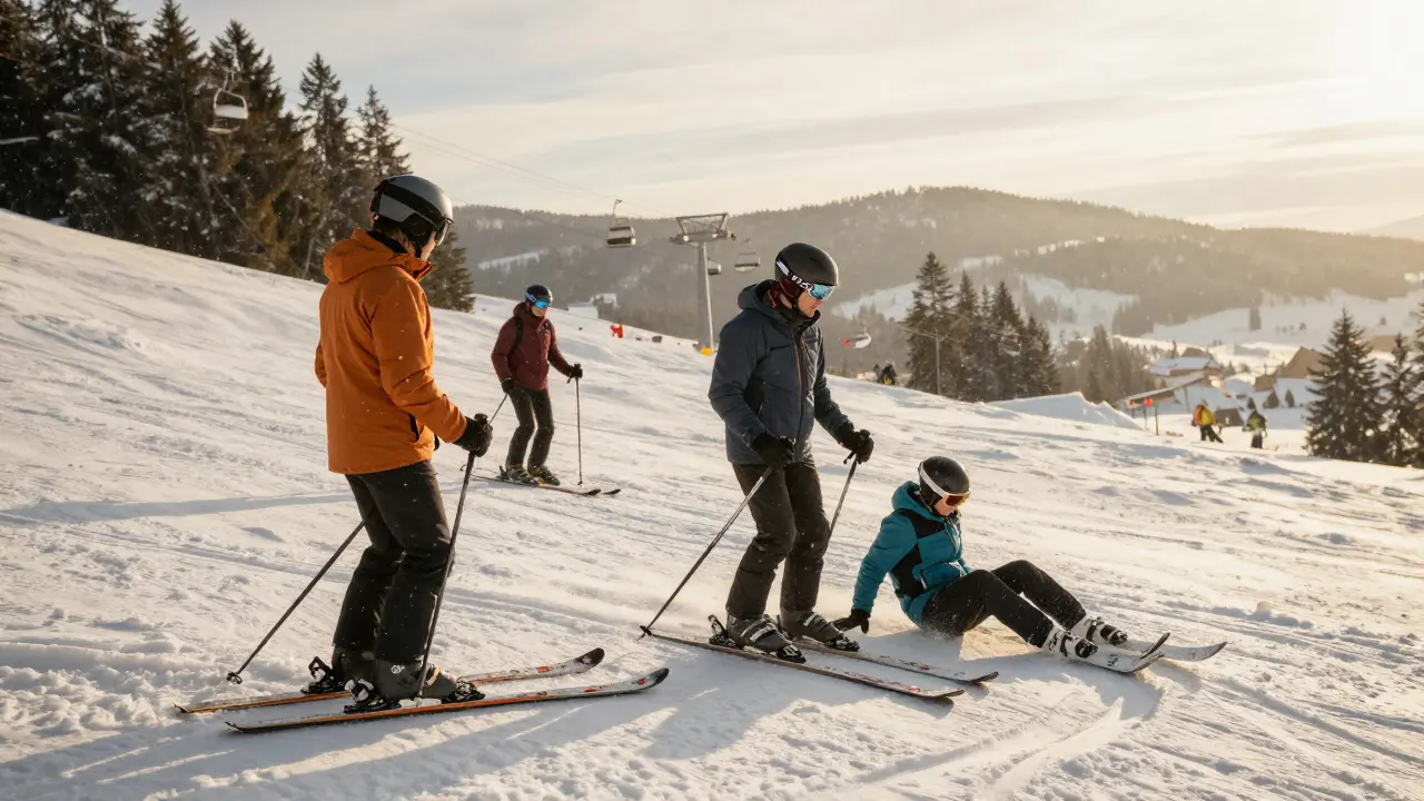 Lyžaři na svahu dodržují bezpečnostní pravidla, jeden pomáhá padlému kamarádovi.