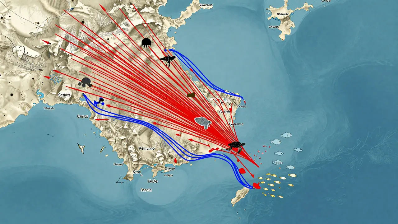 Mapa Kréty s větrnými šipkami a potápěčskými lokacemi označenými podle podmínek pro potápění.