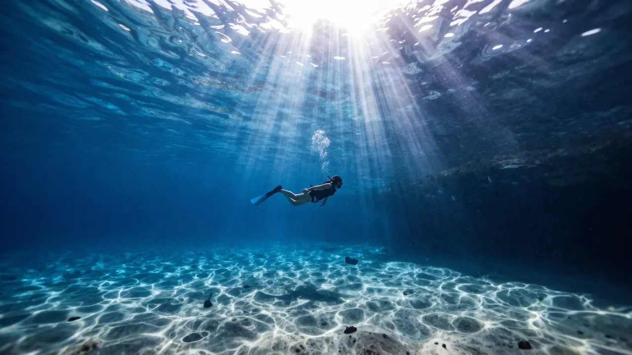 Podmořská jeskyně Spilia ton Klefton s průzračnými slunečními paprsky osvětlujícími podmořský prostor na Krétě.