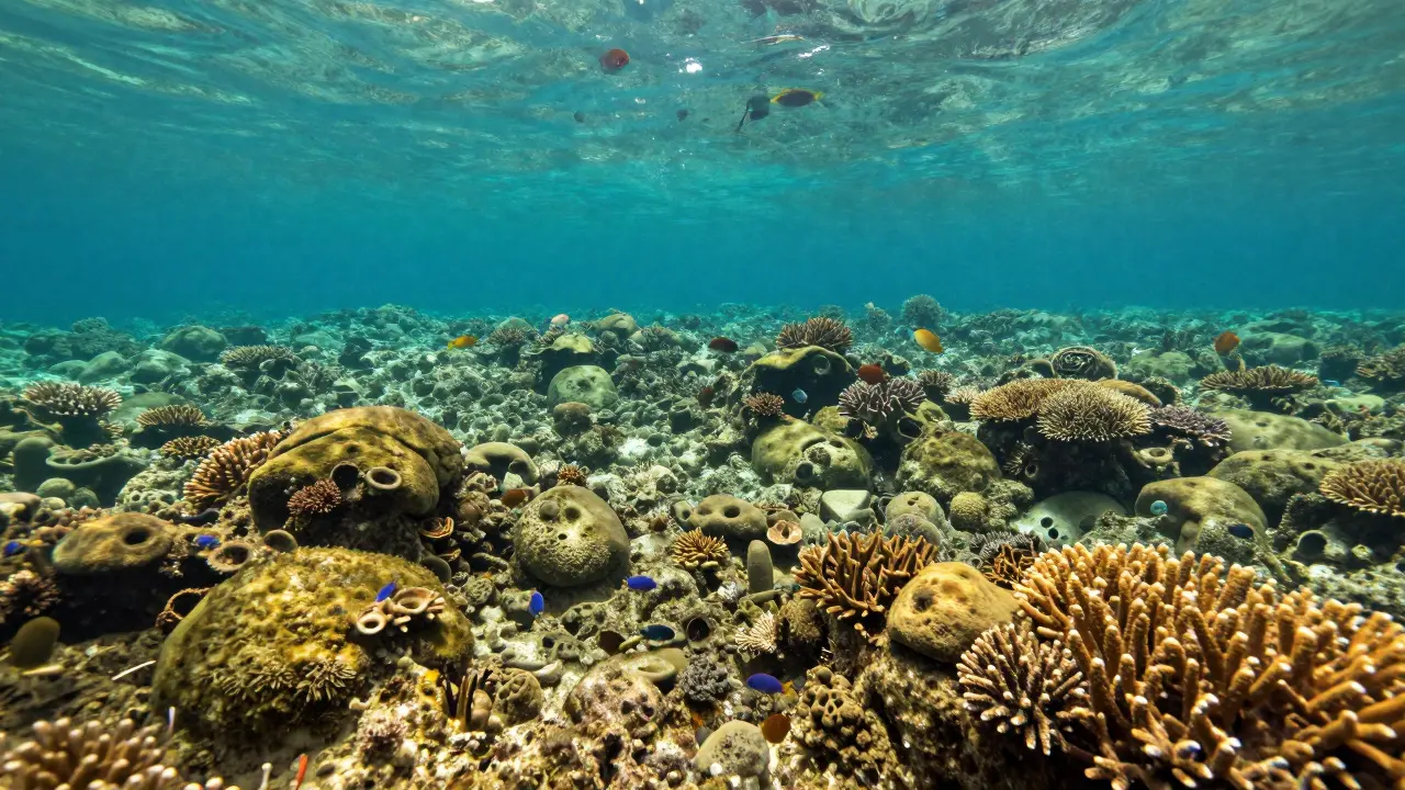 Podmořský park Vai s hustou populací ryb a kameny pokrytými vodními rostlinami na Krétě.