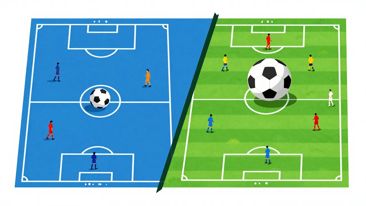 Porovnání futsalu a fotbalu: malé hřiště s pěti hráči a těžkým míčem naproti velkému trávníku s jedenácti hráči.