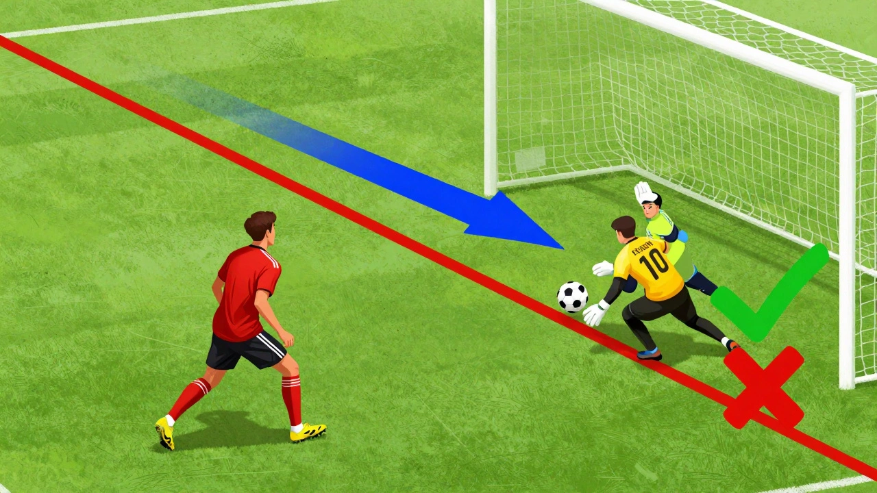 Porovnání legální přihrávky od brankáře a ofsajdu pomocí barevných značek na hřišti.
