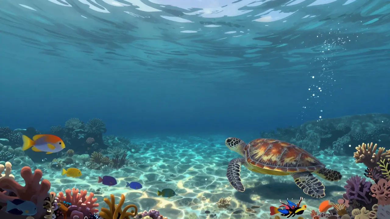 Potápěč klidně plave u Elafonisi na Krétě mezi korály a mořskými želvami při klidném počasí.