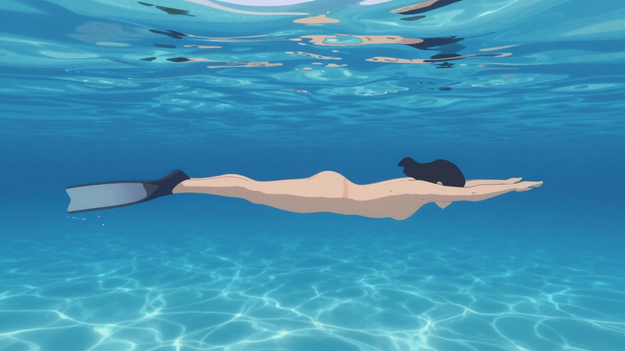 Potápěč plave na břiše s ploutvemi v rovině těla, nohy klidně visí pod hladinou.