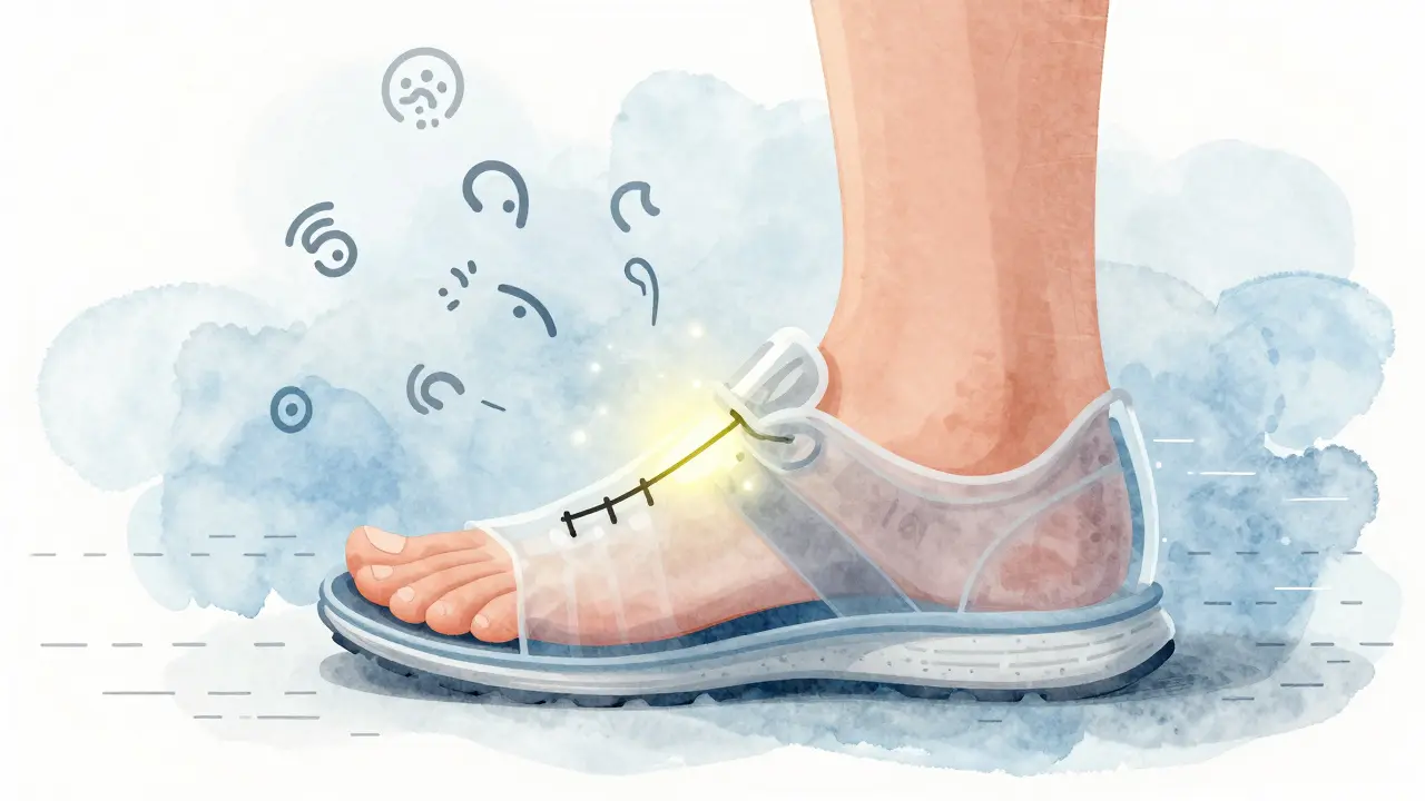 Průhledná běžecká bota s výrazným vnitřním švem, který září jako varování při běhu.