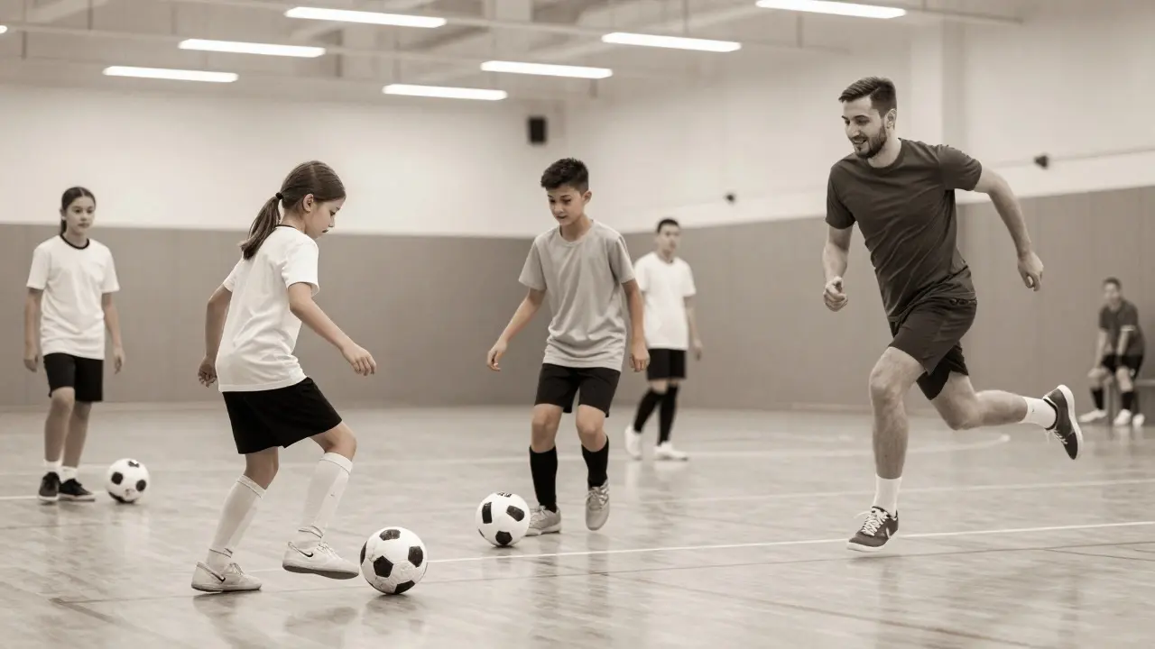 Různé věkové skupiny hráčů v halové futsalové hřišti, dívka ovládá míč, dospělí se pohybují, sportovní vybavení na podlaze.