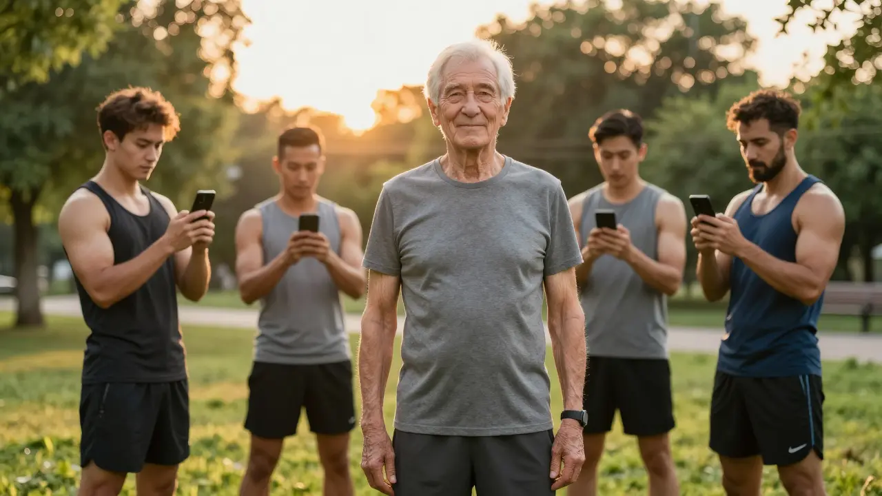Starší muž s přirozeně vyvinutým tělem stojí v parku, zatímco mladí influenceri fotí na telefony.