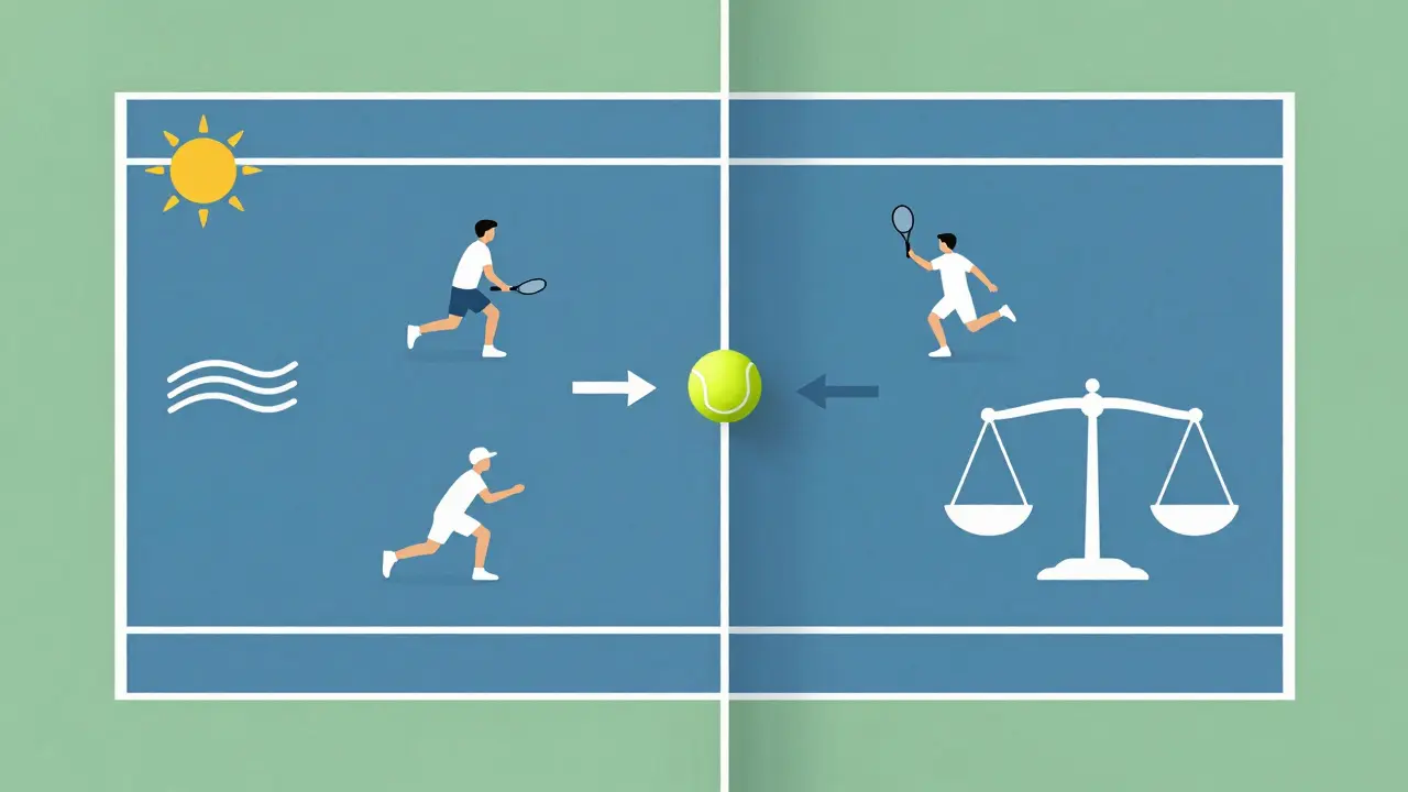 Symbolic representation of fair play in tennis with balanced scales and switching players.