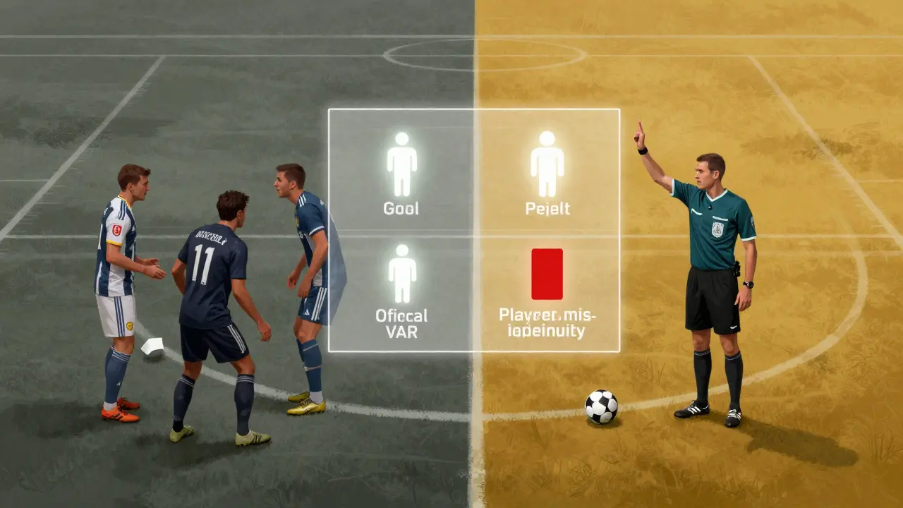 Symbolický obraz fotbalového hřiště s rozdělením mezi nezákroky VARu a jeho správným použitím.