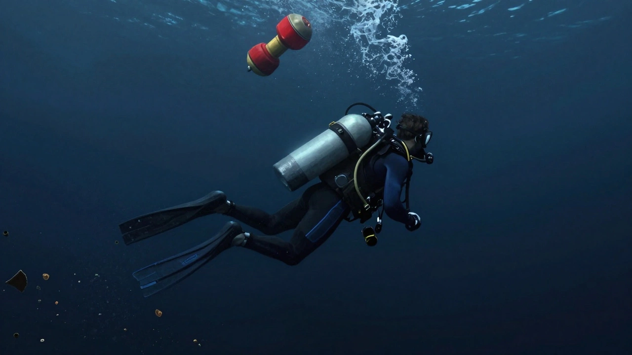 Technický potápěč se snaží sestoupit hlouběji než 40 metrů, s dekompresními značkami nade hlavou.