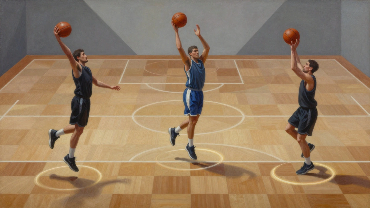 Tři hráči v různých typech pivotů, každý s kruhovým stopou kolem osové nohy.