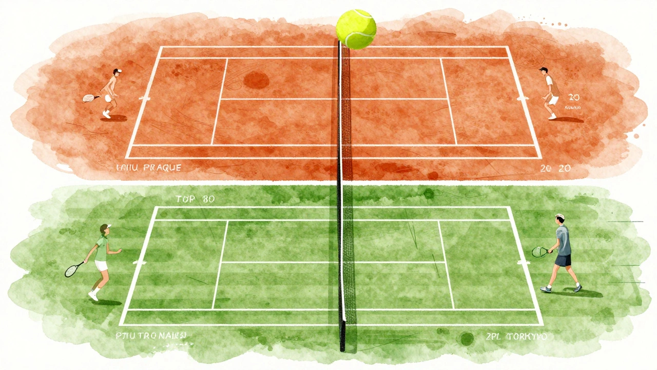 Tři tenisové povrchy – antuka, tráva a tvrdý povrch – s postavami hráček na každém.