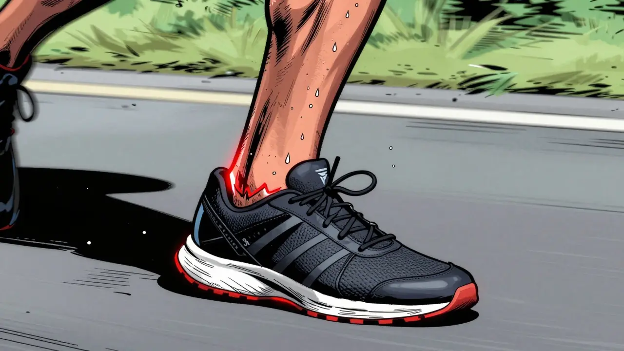 Triatlonista běží, zatímco vnitřní šev v botě vytváří viditelné tření na vnitřní straně kotníku.