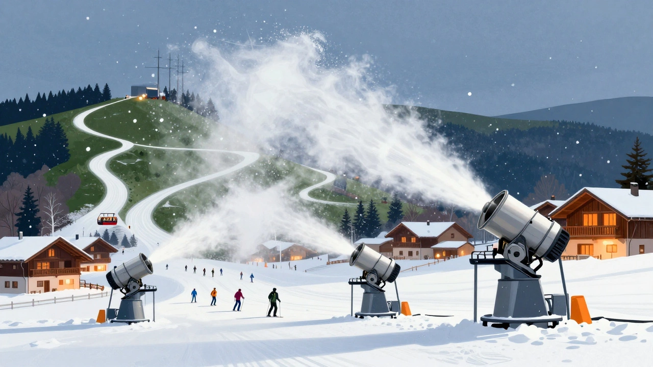 Umělé sněhové kanóny v Liberci vyrábějí sníh v chladném vzduchu, zatímco okolní krajina zůstává zelená.