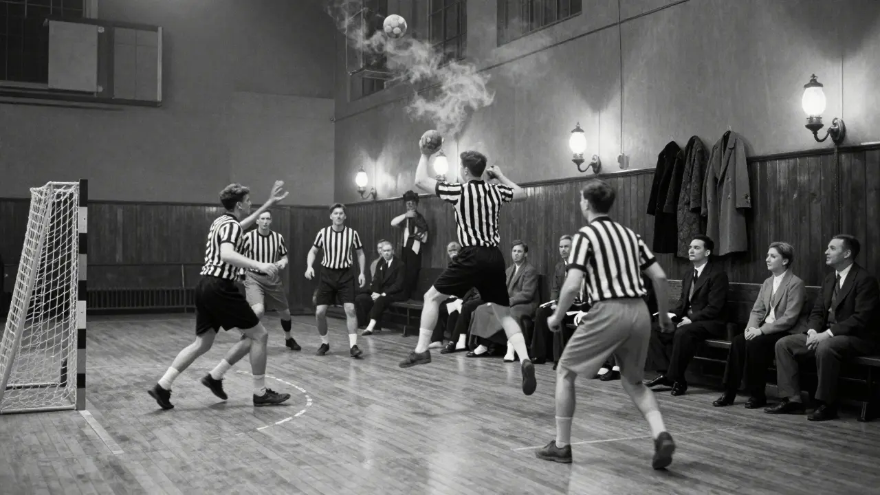 Zápas házené v pražské hale ve 20. letech 20. století, hráči skáčou na dřevěném podlaze.