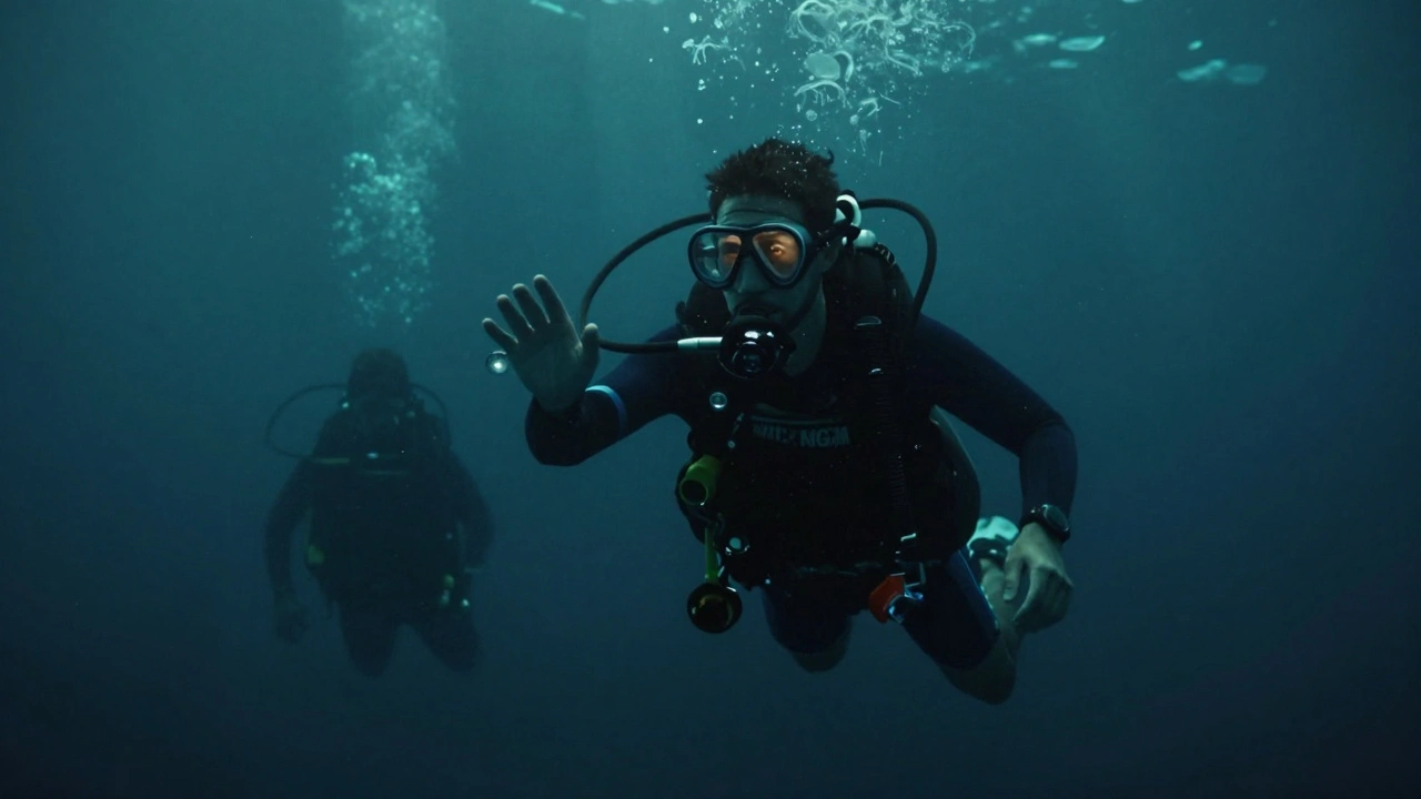 Zkušený potápěč v hloubce 30 metrů je mírně zmatený, zatímco jeho partner ho vede nahoru.